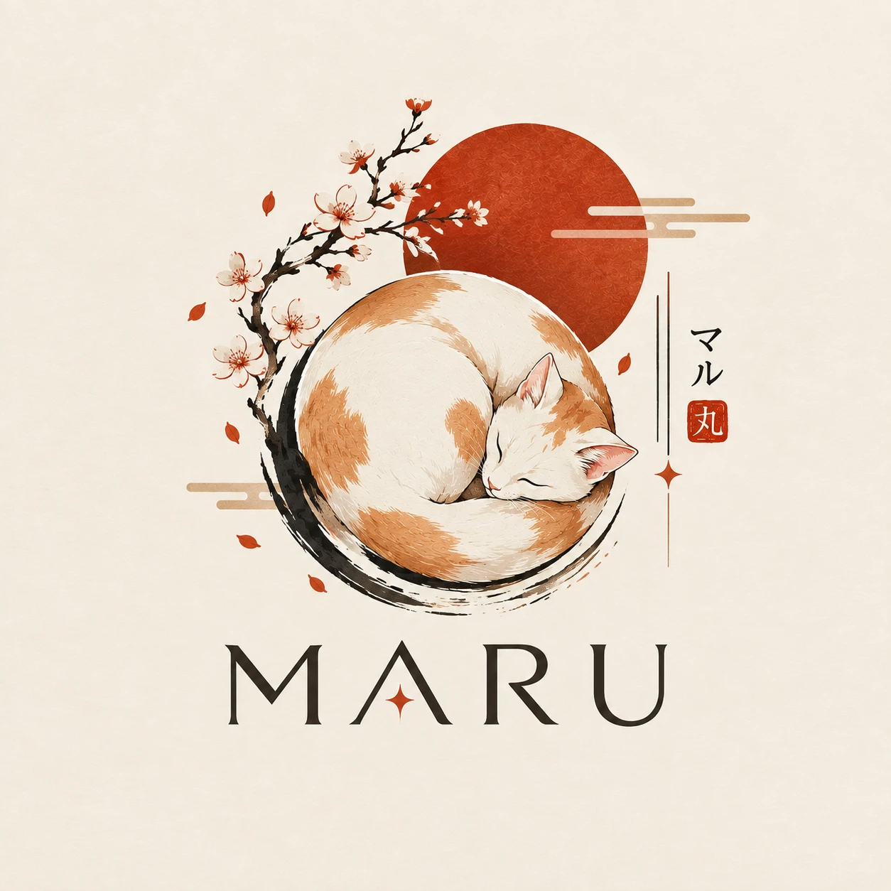 Logo de Maru: una gata calicó dormida hecha bolita frente a un sol rojo, con una rama de sakura, el texto マル y el sello 丸.